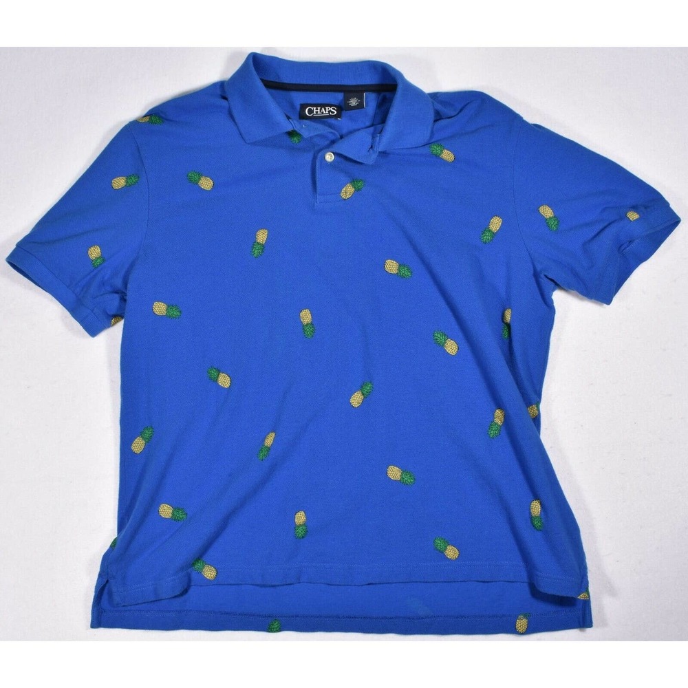 Chaps Mens Vivid Blue Short Sleeve Collared Pineapple Print Polo Size Large